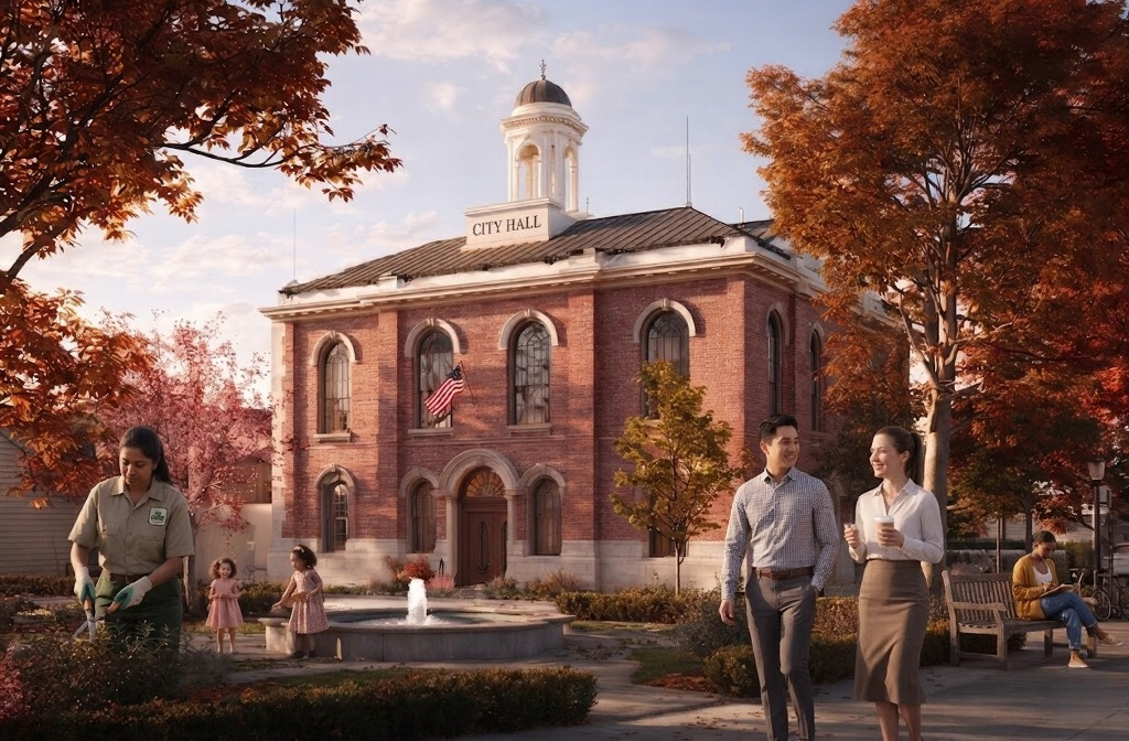 Classic American city hall at golden hour with community members in the foreground
