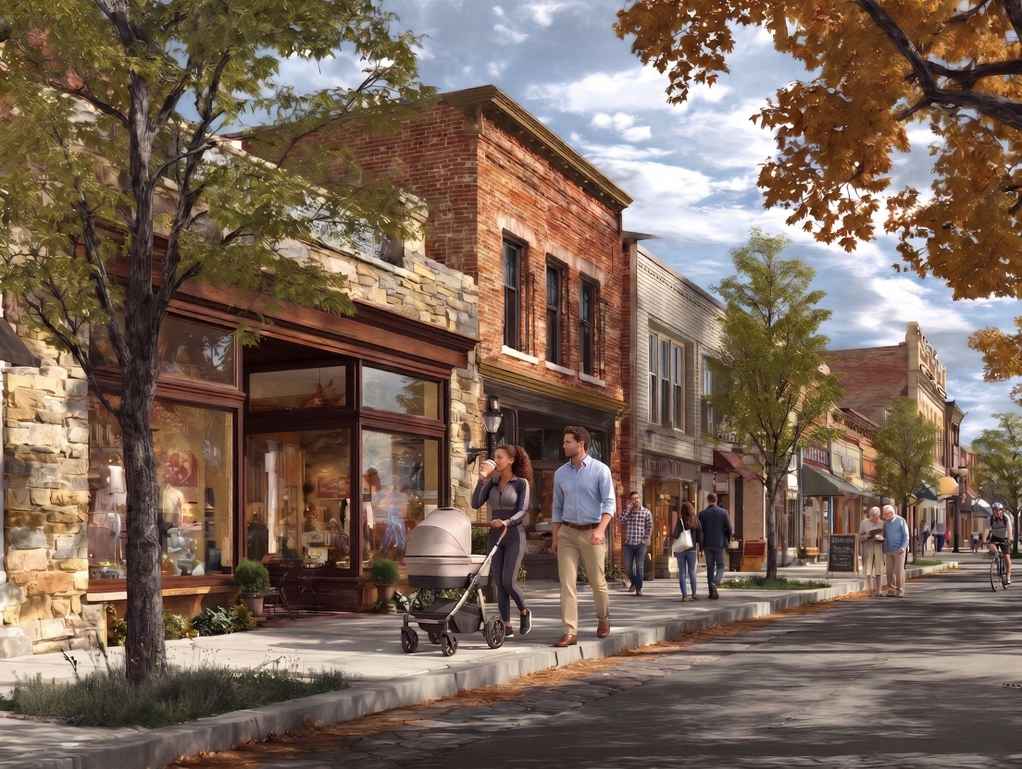 A warm American main street with community members